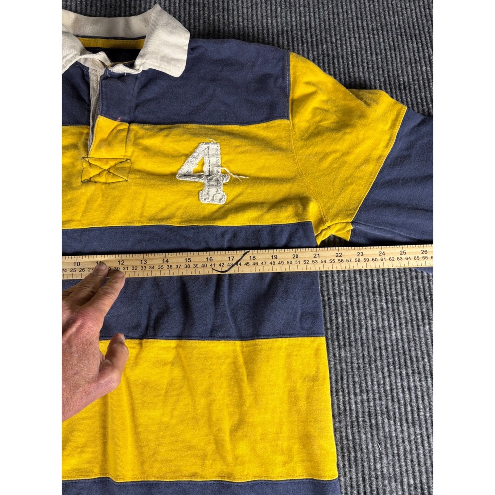 Vintage Gap Mens Rugby Shirt Navy Blue Yellow Striped Long Sleeve Size L Patch 4 - Picture 2 of 5
